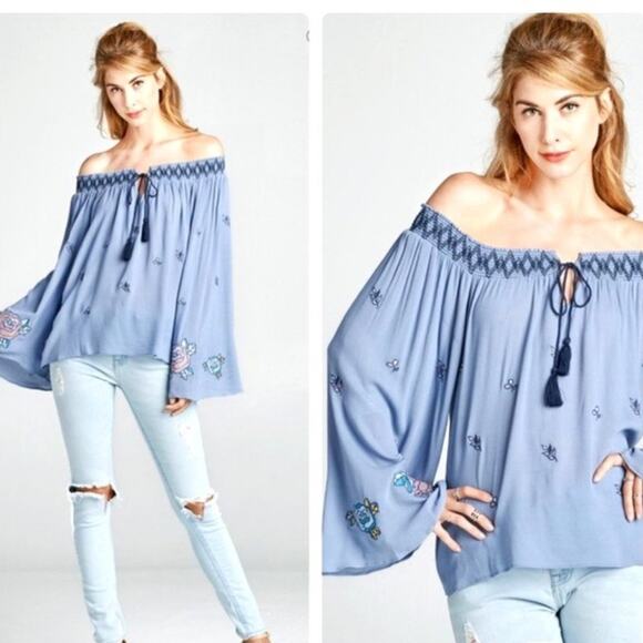 Women's Blue Peasant Elasticized Off the Shoulder Bell Sleeve Blouse - Picture 4 of 7
